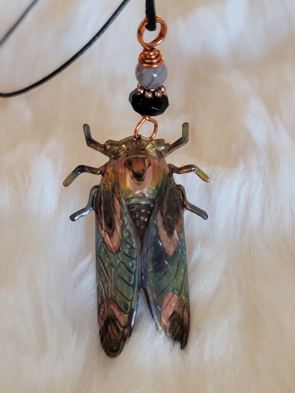 Handcrafted Iridescent Cicada Pendant Necklace in Green and Copper